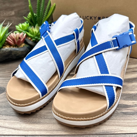 NIB Lucky Brand Imbae Strappy Platform Wedge Sandal Classic Blue Textile 8.5M - Picture 3 of 11